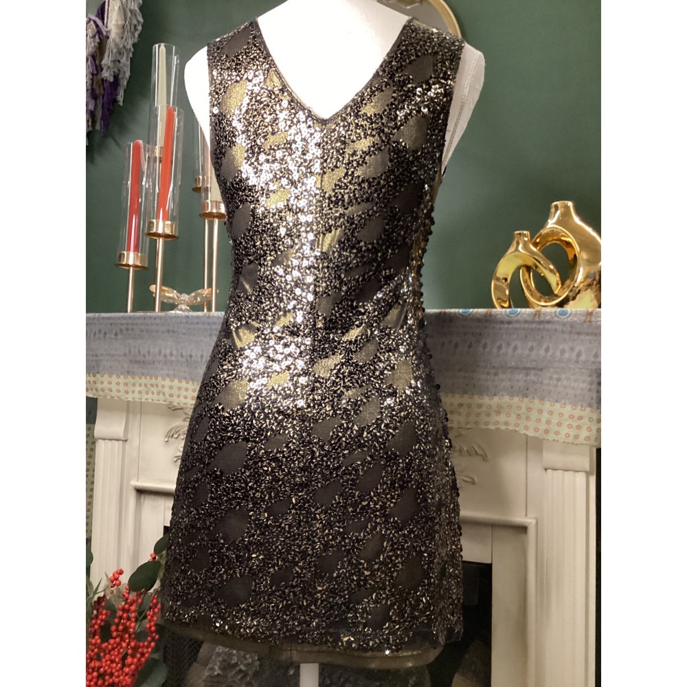Express Black Gold Sequin V-Neck‎ Mini Dress Sleeveless Party Cocktail XS - Picture 4 of 8